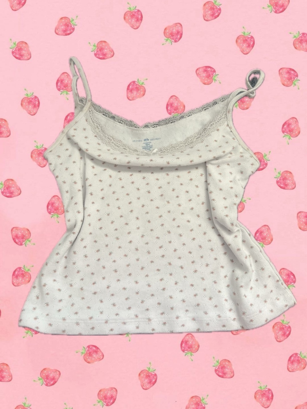 Delicate Lace-Trim Tank Top in Soft white with Tiny Strawberries